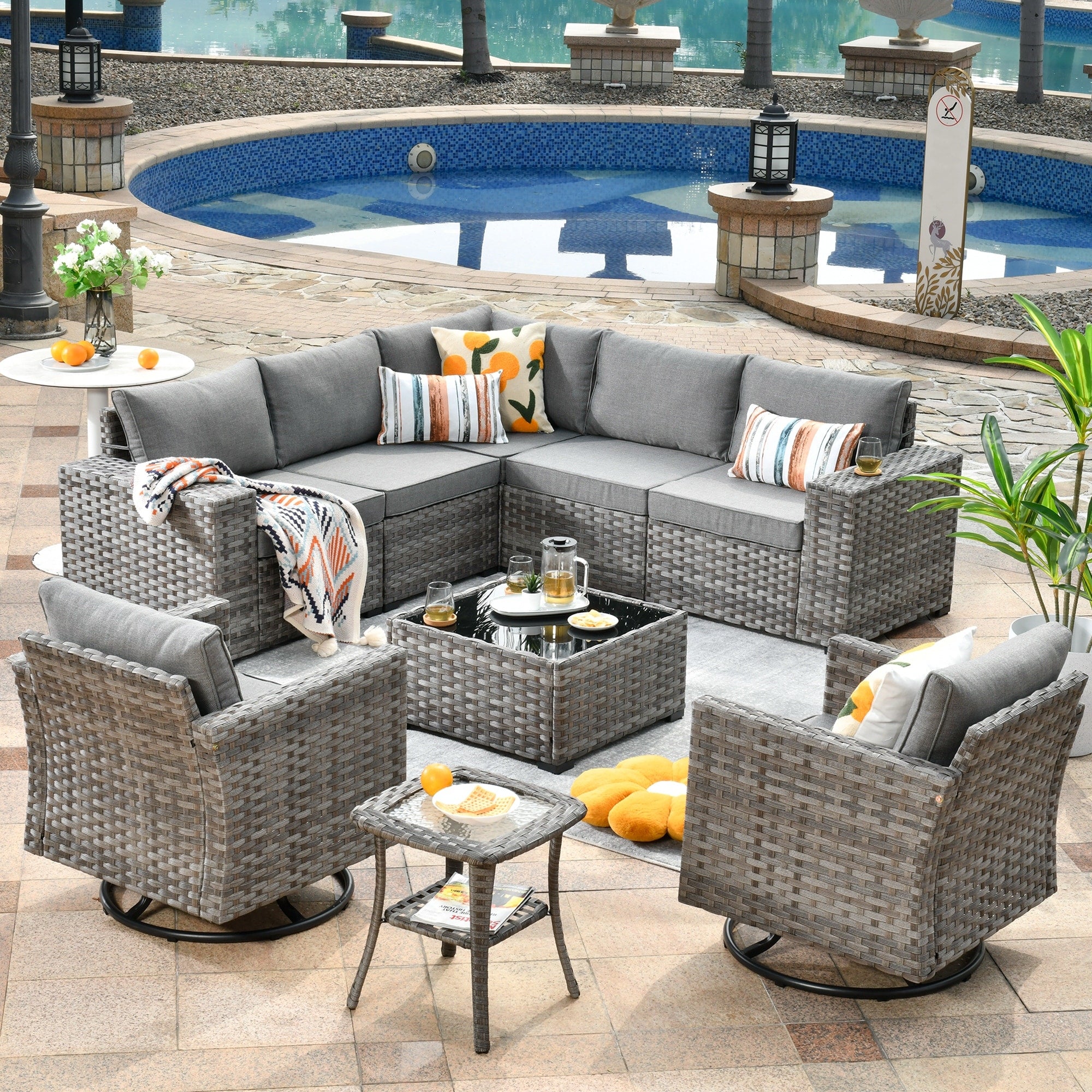 OVIOS 9-piece Patio Wicker Swivel Rocking Chair Set with Glass-Top Tables