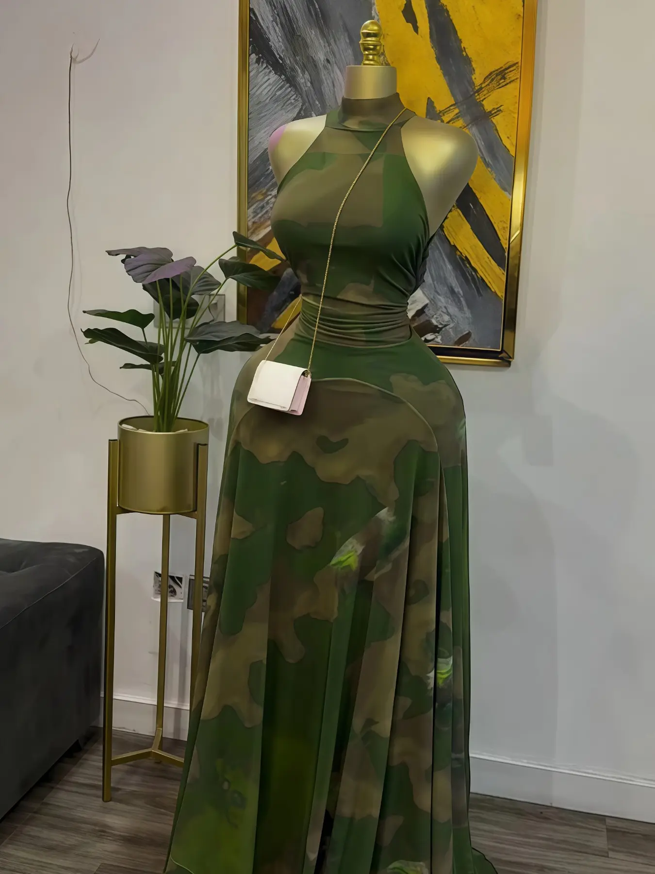 Women's O-Neck Sleeveless Stacked A-line Maxi Dress, Elegant Romantic Dress, Autumn Party Gown, Beach Evening Dress, Printed Long Dress for Birthdays, Jellyfish Camouflage Printed with Sashes Floor Length Dresses