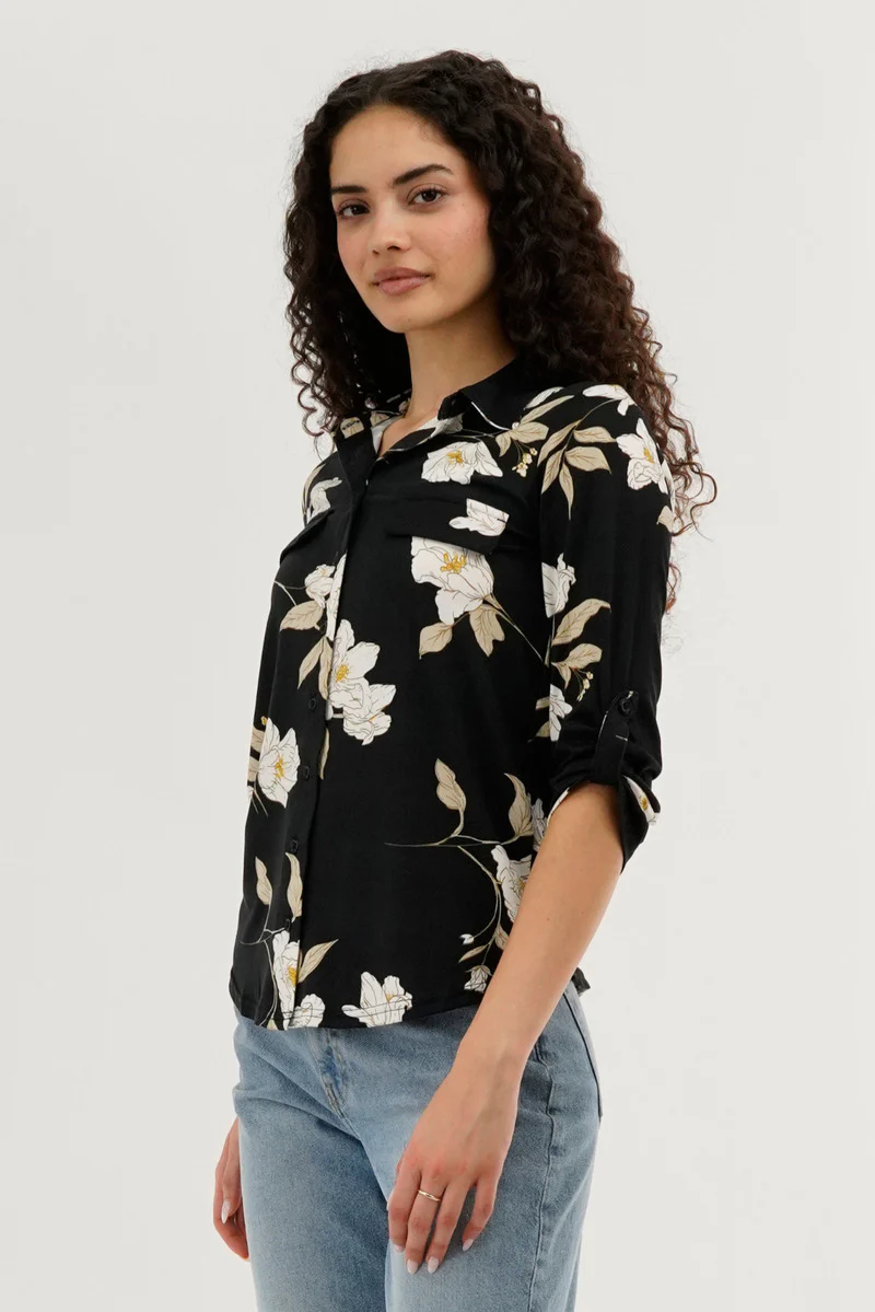 Floral Button Up Blouse - Black
