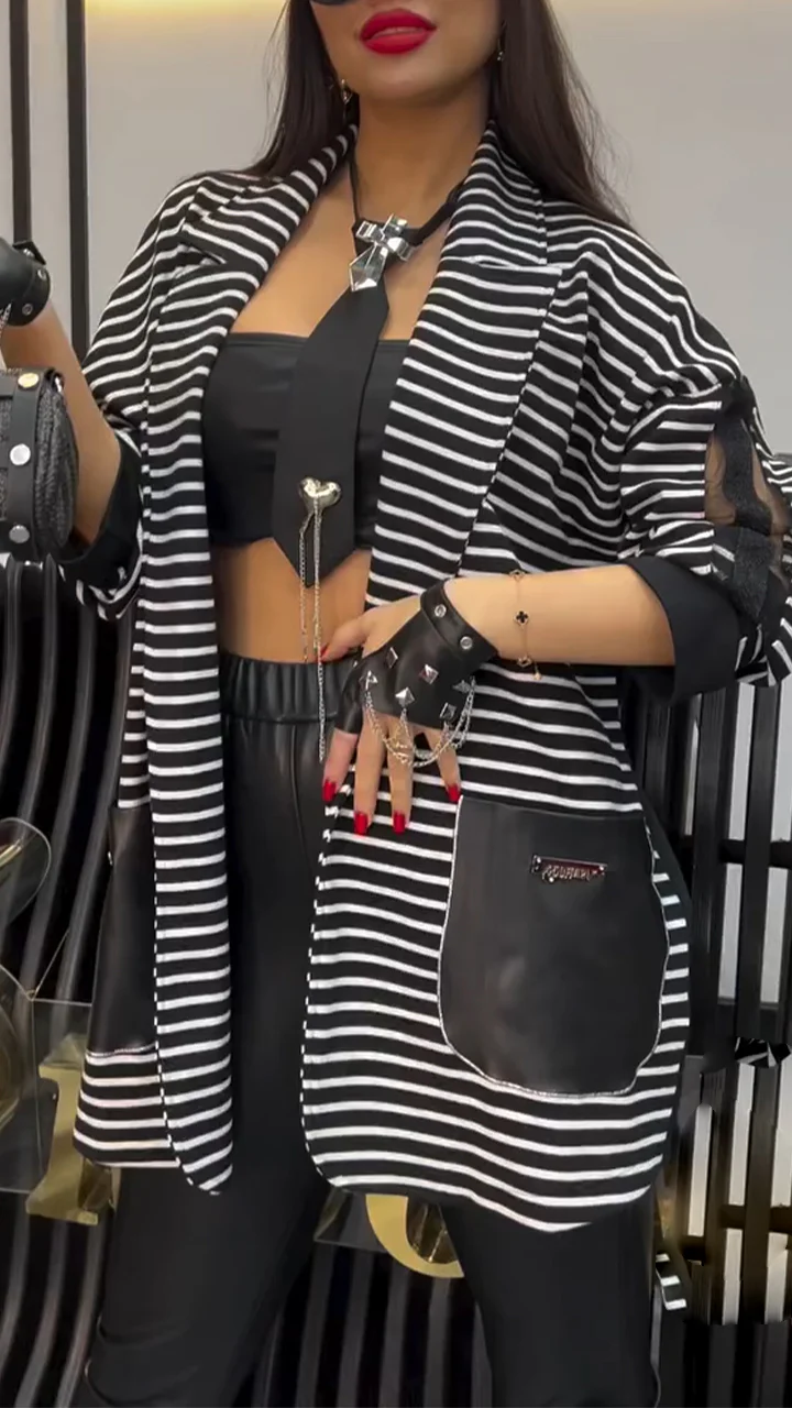 Women Collar Striped Casual Coat
