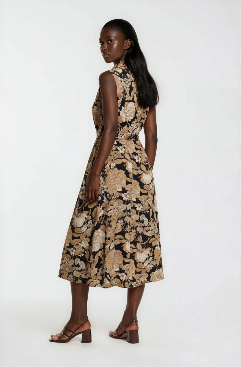 Sleeveless Printed Midi Dress - Black