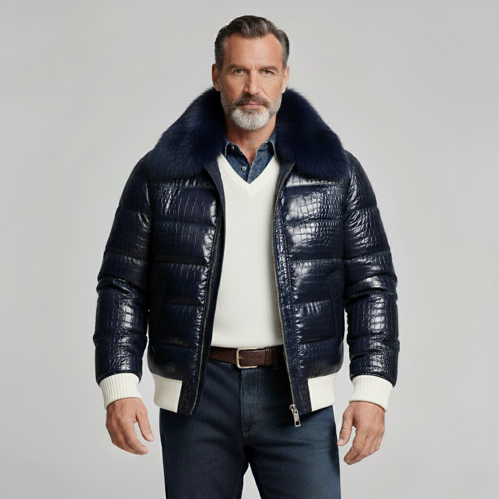 Men's Navy Blue Crocodile PU Leather Fur Collar Long Sleeve Zip Up Quilted Puffer Jacket