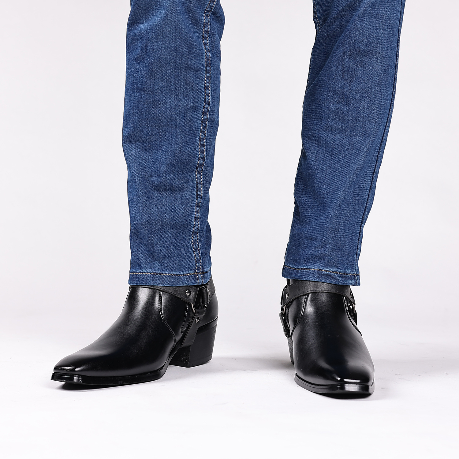 Men's Casual Studded Side Zipper Chunky Heel PU Leather Boots