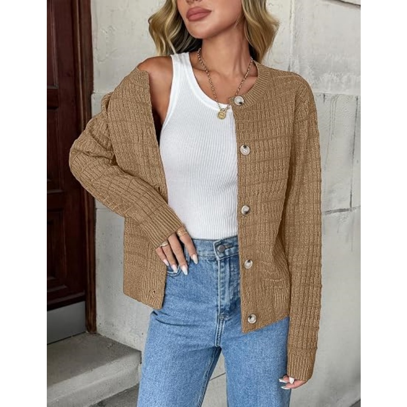 Women 2026 Fall Cropped Knit Cardigan Jacket Crew Neck Textured Waffle Knit Long Sleeve Button‑Front Casual Knit Outerwear