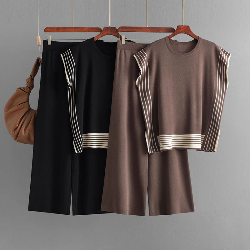 Stylish Striped Patchwork Solid Color Sleeveless Top & High Waist Pants Two-Piece Set
