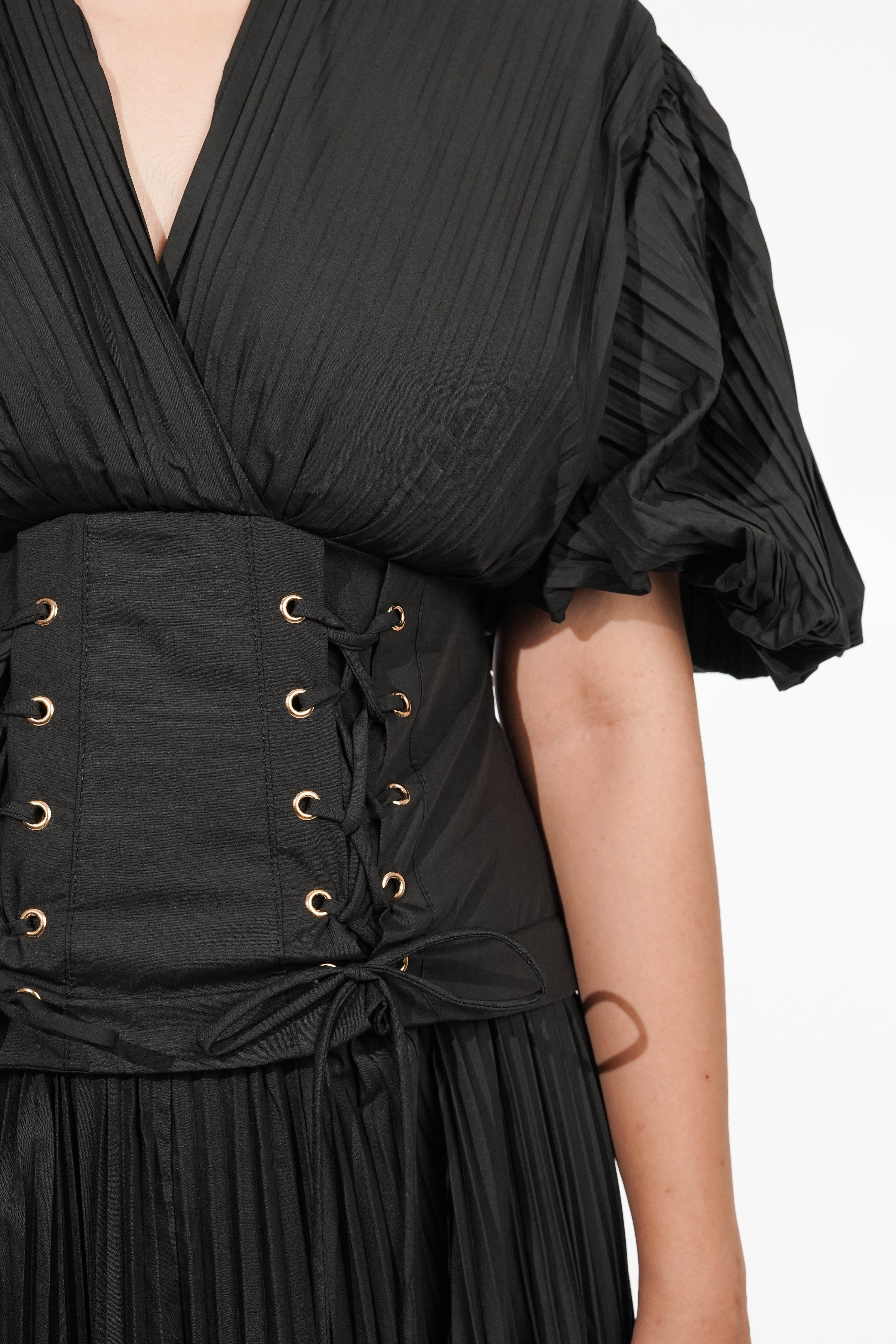 Black Pleated Tie-up Dress