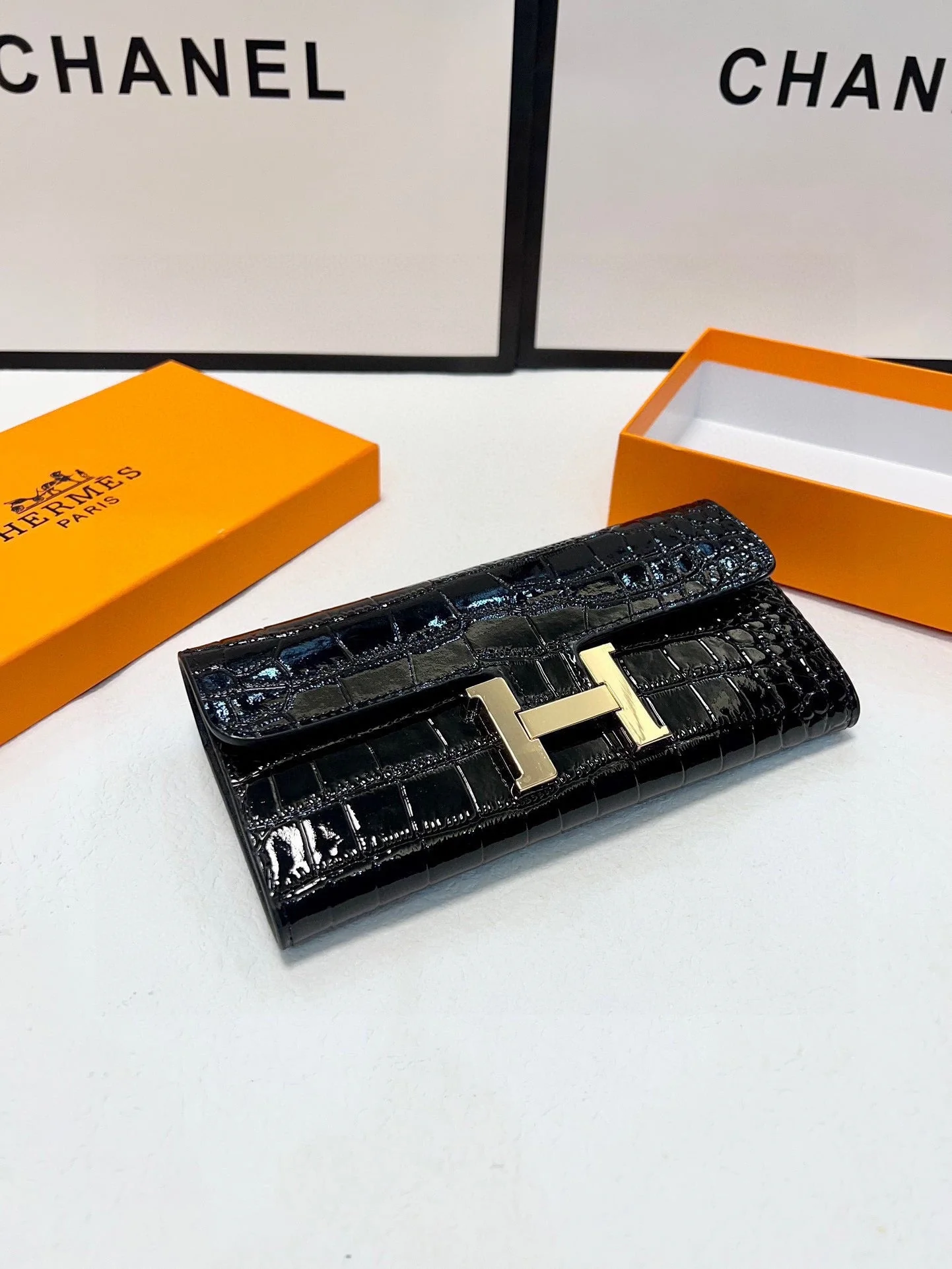 [Hermes] New Long Wallet, Shiny Crocodile, Noir/Hardware
