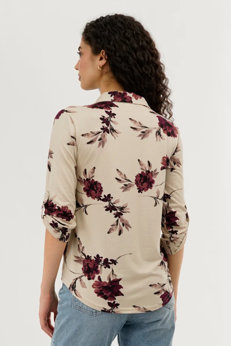 Floral Button Up Blouse - Beige