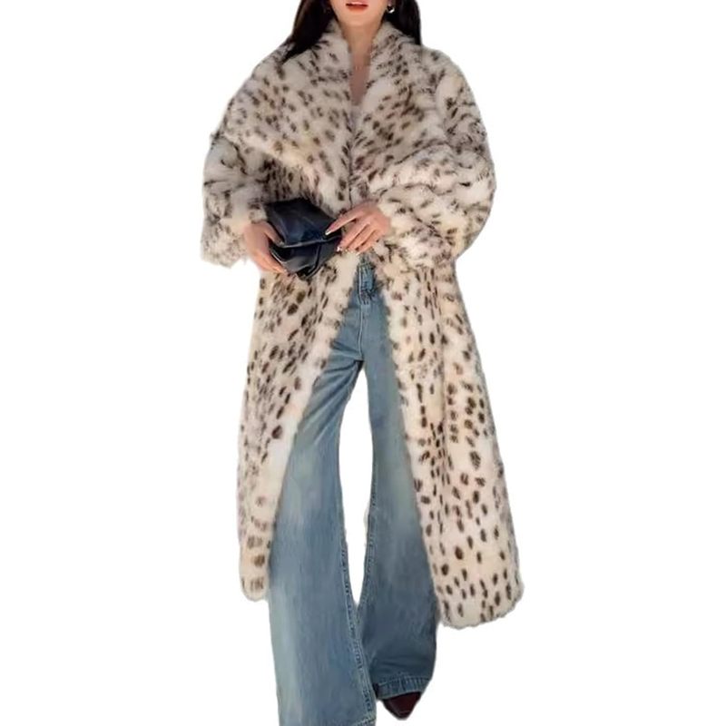 Women's Faux Fur Leopard Long Coat with Lapel