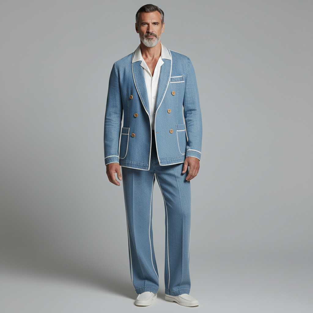 Men's Light Blue Contrast Binding Double Breasted Blazer & Pocket Jeans 2Pcs Set