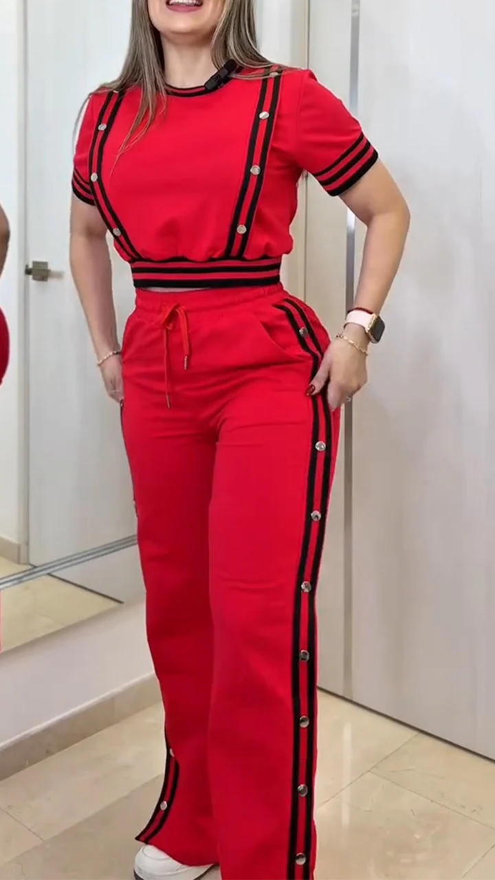 Ladies' Round Neck Patchwork Striped Top+buckle Side Slit Casual Set