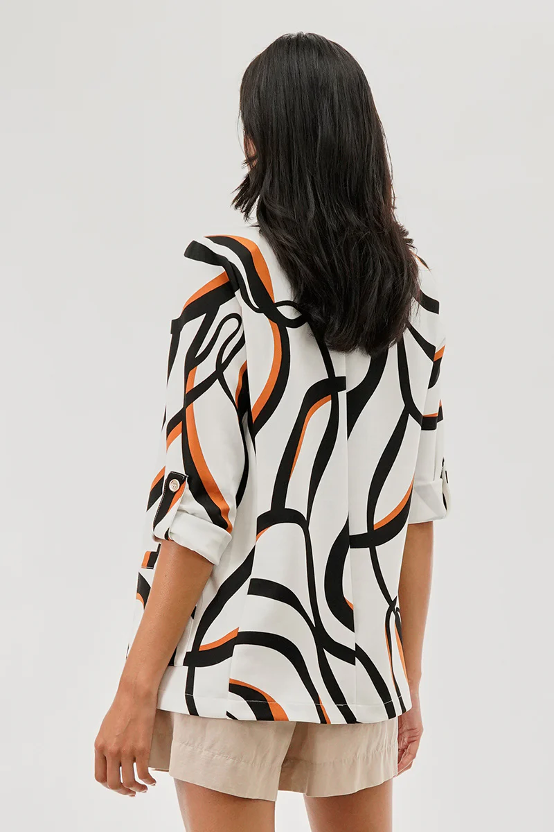 Patterned Roll Up Sleeve Open Blazer - White