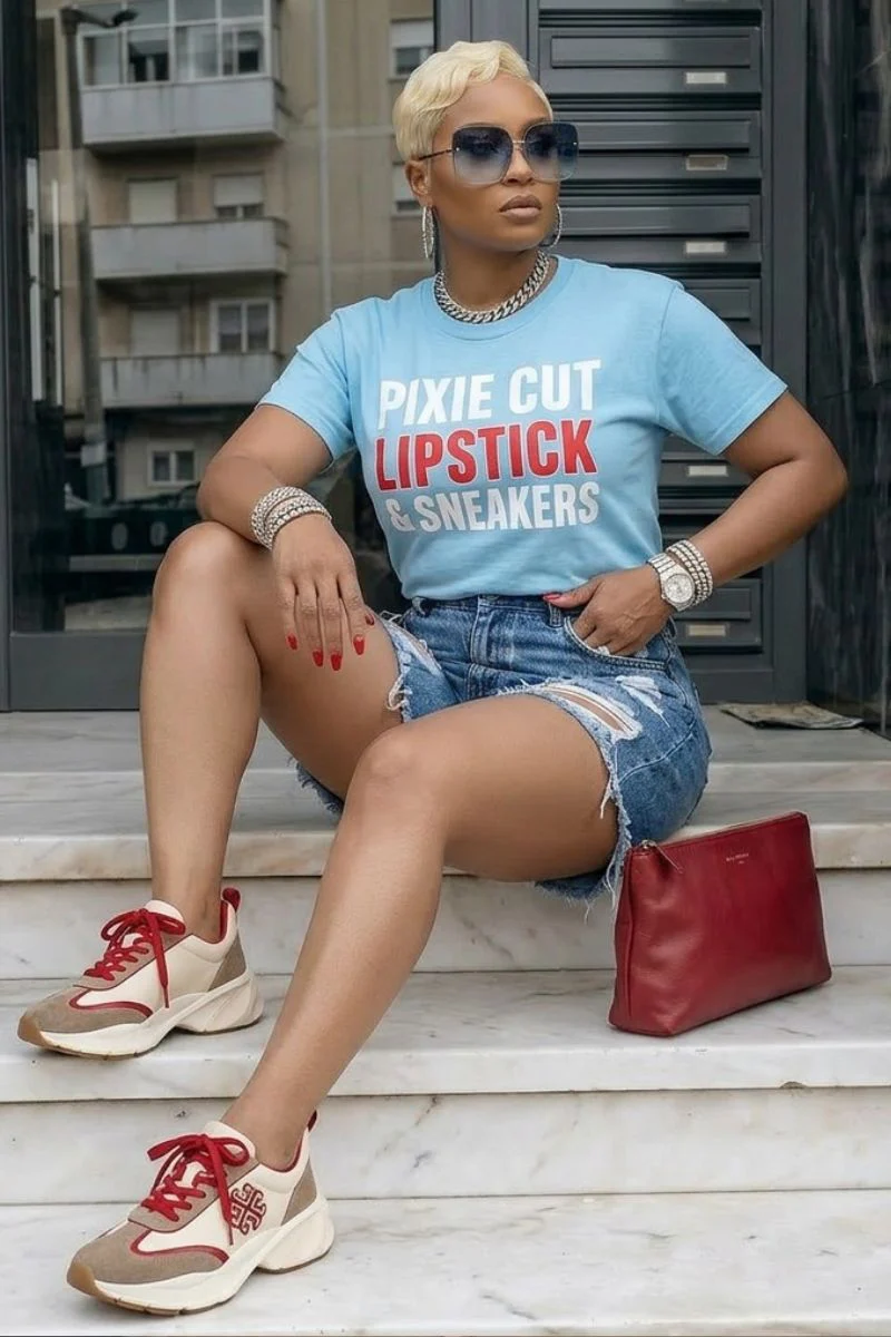 Pixie Cut, Lipsitck, & Sneakers Tshirt-Sky Blu