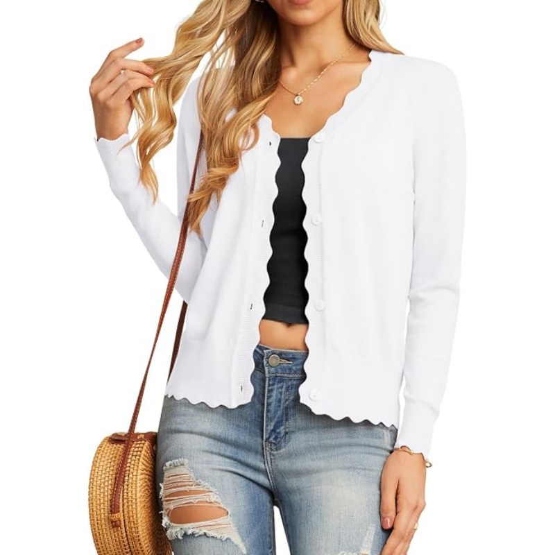 Women Lightweight Button‑Down Knit Cardigan Scalloped V‑Neck Long Sleeve Cropped Casual Knit Outerwear 2026 Fall Fashion