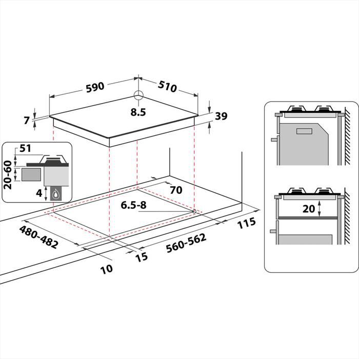 WHIRLPOOL - Piano cottura a gas GMAL 6422/IXL HOB WP 59 cm-Acciaio inossidabile