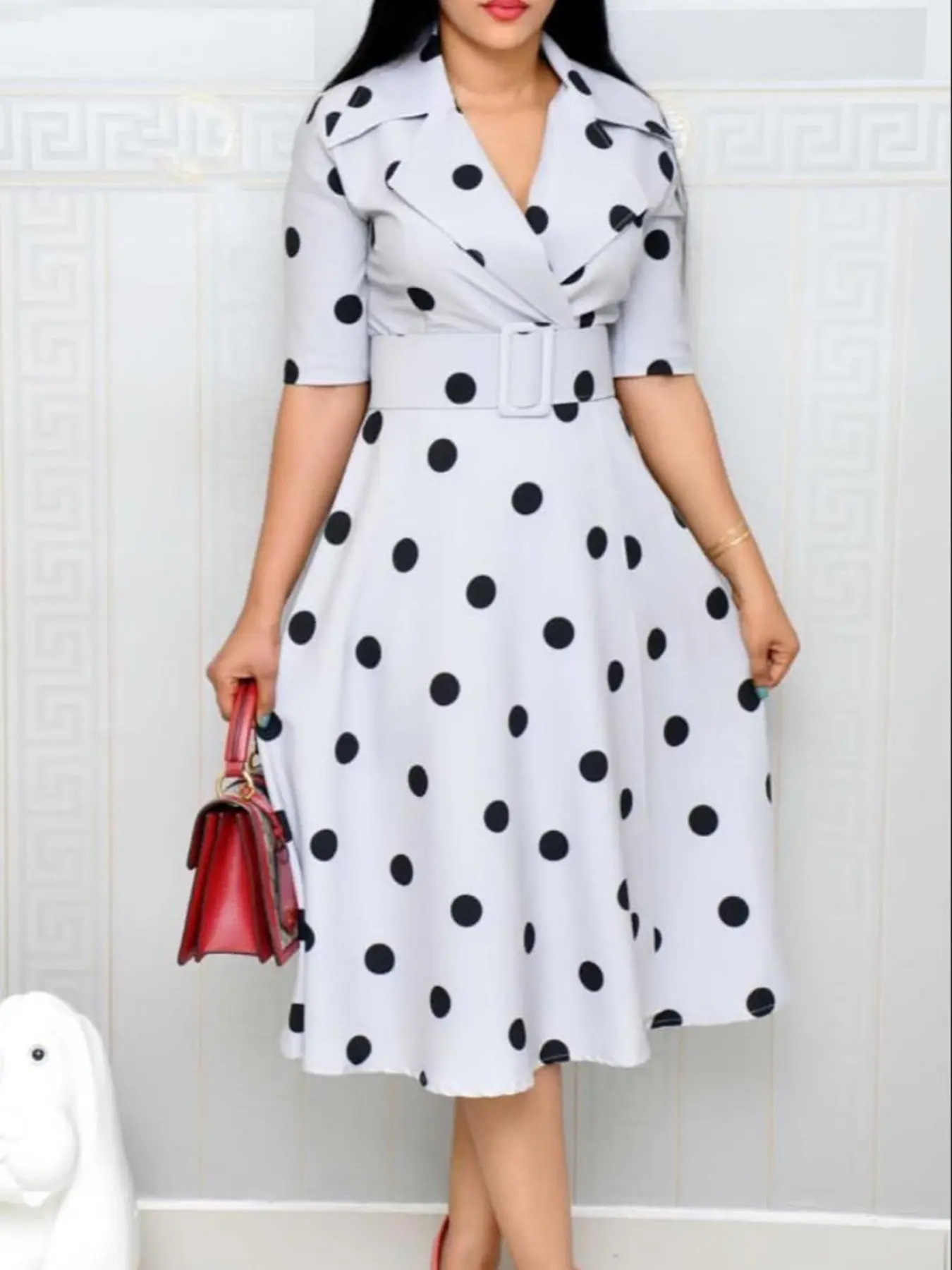 Elegant Chic Women's Midi Dress with Belt, Polka Dot Pattern, Short Sleeve