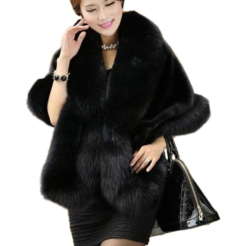 Women's Faux Fur Shawl Luxury Long Shawl Coat