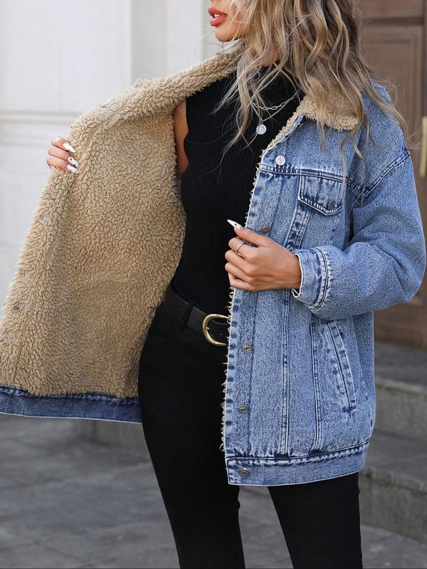 Women's Fall Winter Casual Fashion Jacket, Elegant Solid Color Stand Collar Thickened Warm Denim Coat, Versatile Outerwear for Women