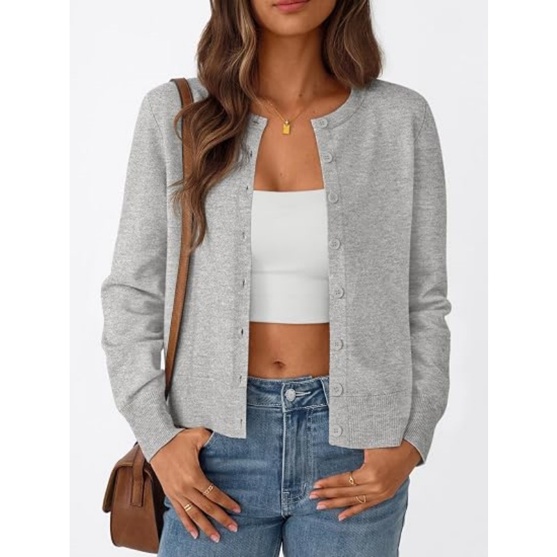 Women's Lightweight Crew Neck Knit Cardigan Long Sleeve Button Down Cropped Knit Outerwear