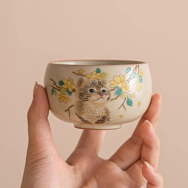 Cute Cat Yellow Flowers Rabbit Teacup Kung Fu Tea Cup