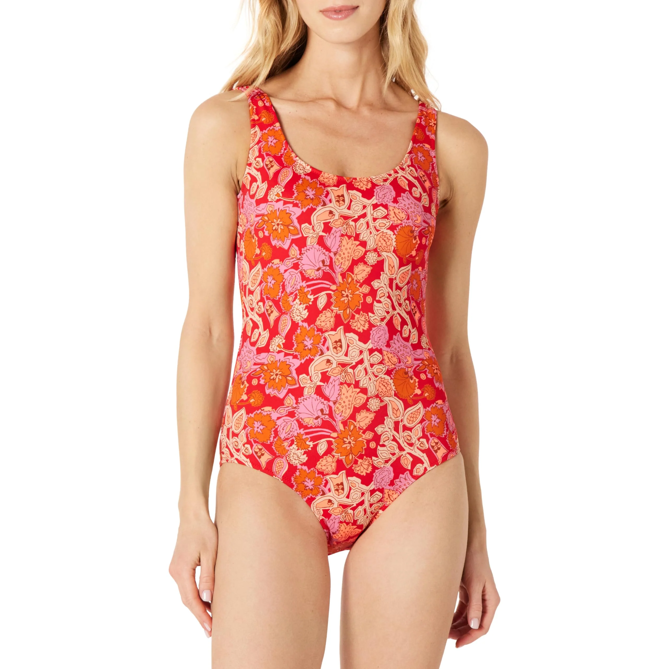 Women's One-Piece Coverage Swimsuit (Available in Plus Size), Bright Red Folk Floral Multi, Medium