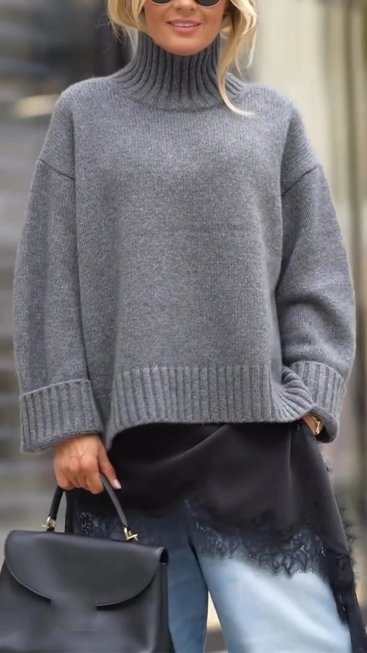 Women High-Neck Patchwork Casual Knit Sweater