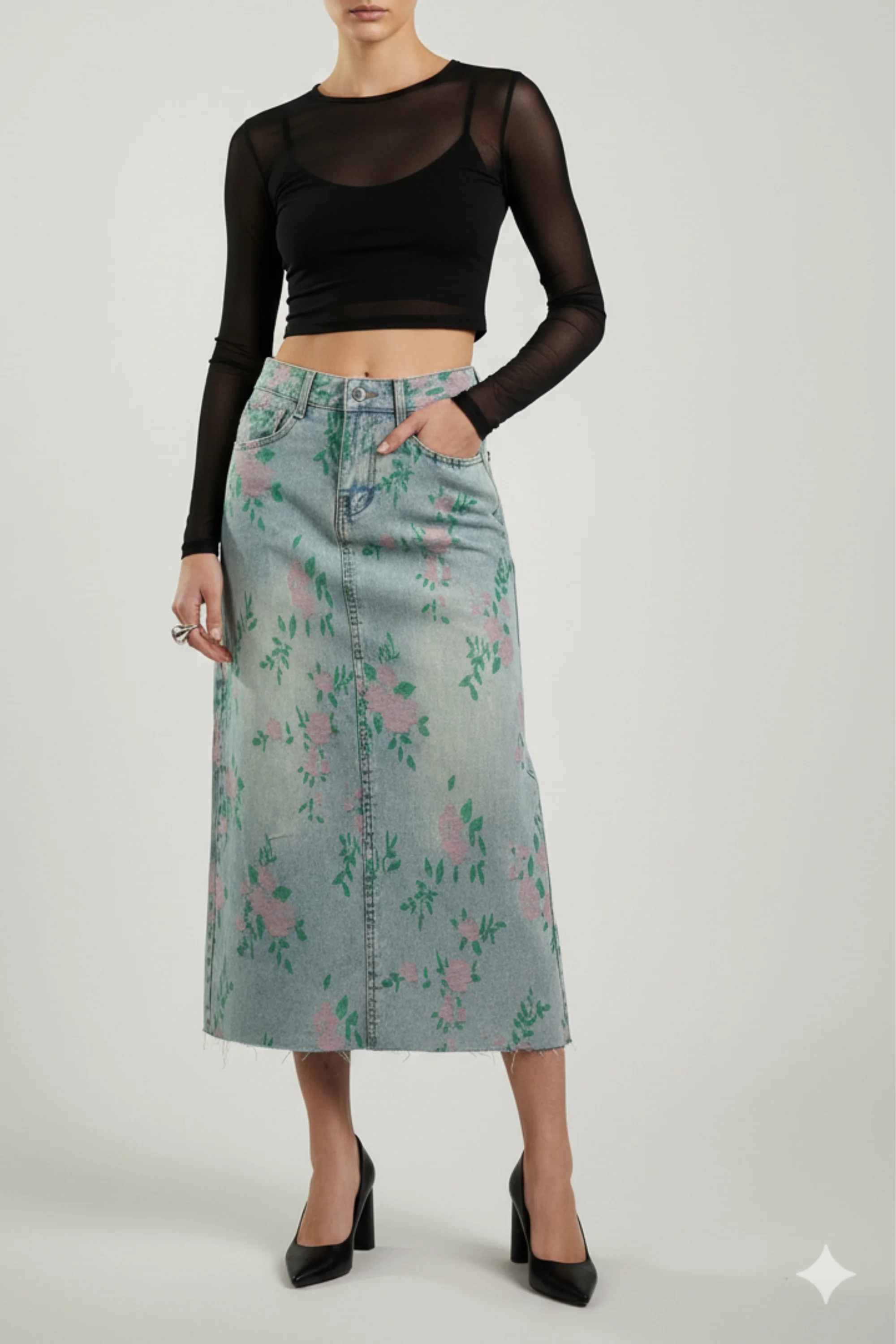 Woven Floral Pattern Denim Skirt