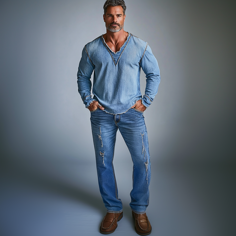 Men's Casual Raw Edge V Neck Long Sleeve Denim T-Shirt