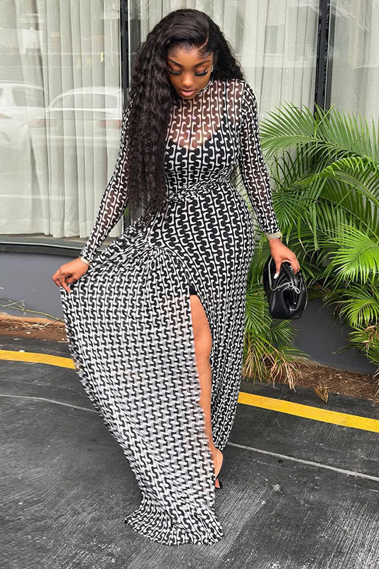Op Art Chain Print Sheer Maxi Dress