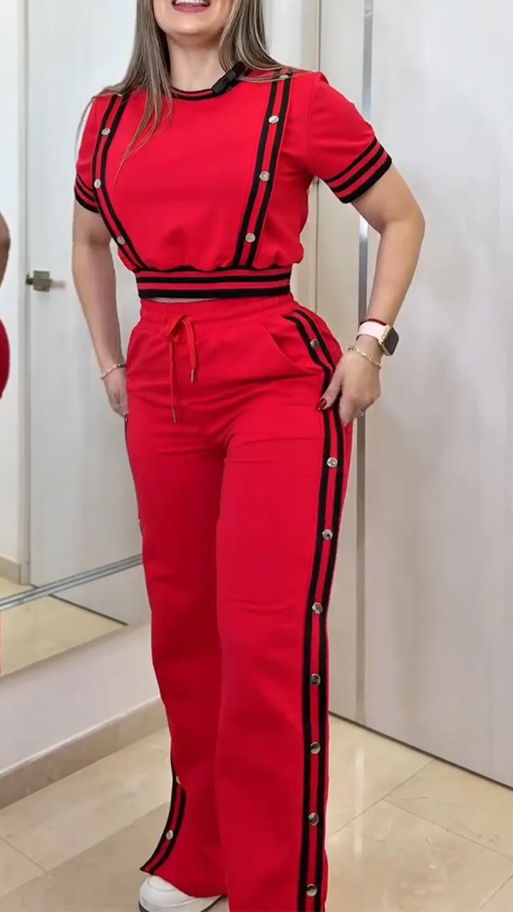 Ladies' Round Neck Patchwork Striped Top+buckle Side Slit Casual Set