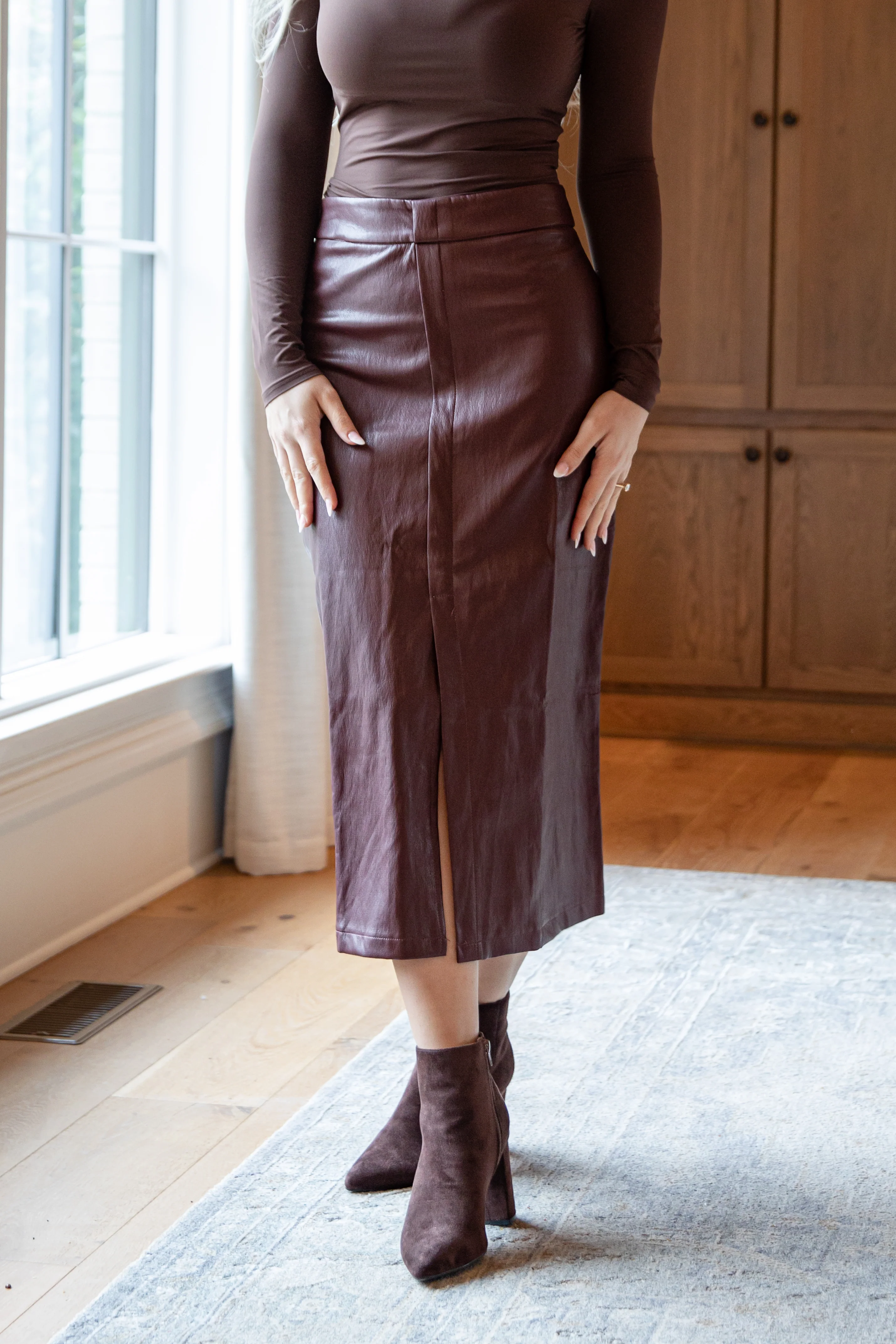 FINAL SALE - Holiday Burgundy Faux Leather Midi Skirt