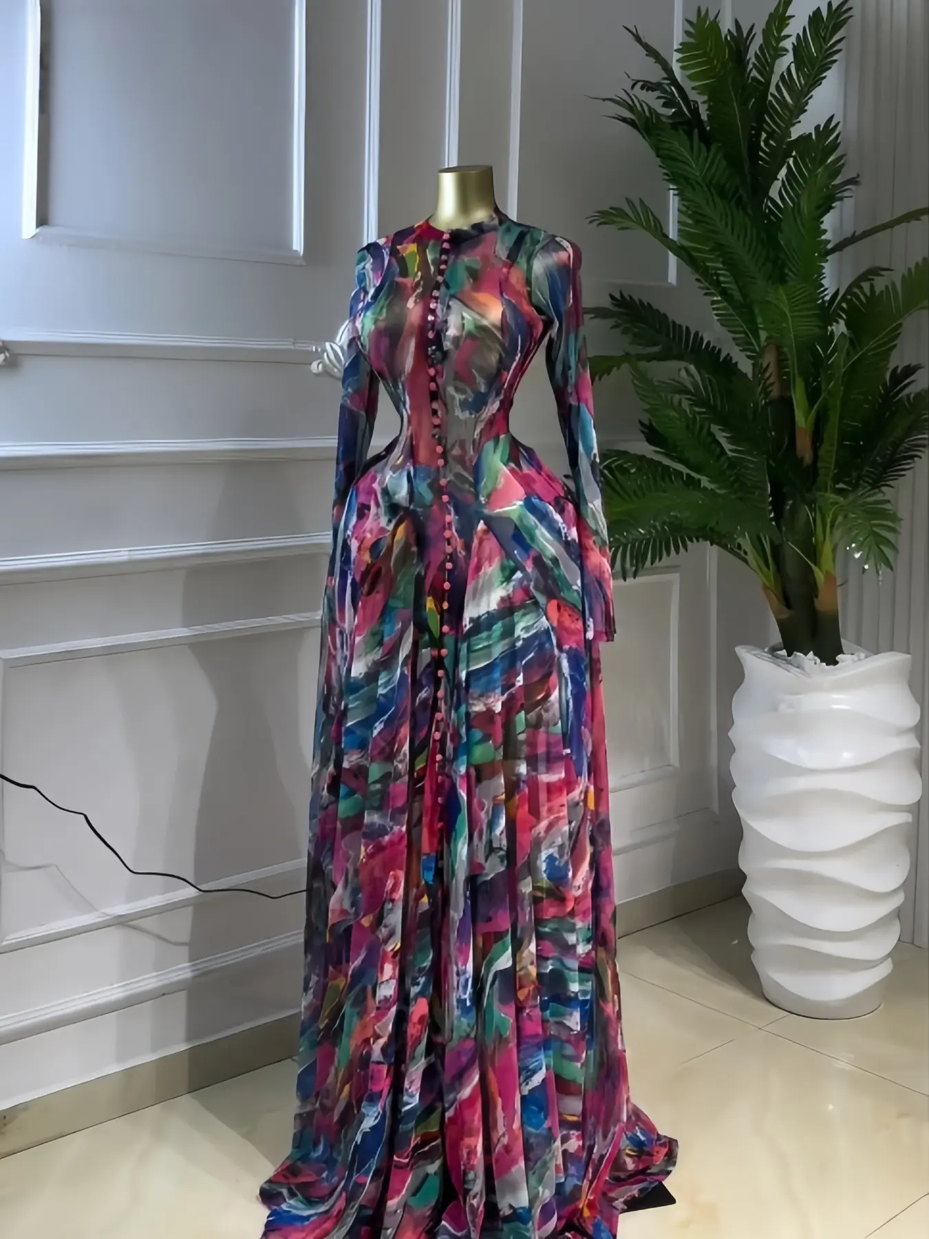 Women's O-Neck Long Sleeve Woven Maxi Dress, Tie-Dye Print, Romantic Valentine's Day Party Outfit Gown, Sexy Mesh Sheer Dress, Spring Sexy Club Street Evening Wear Lady Skirts