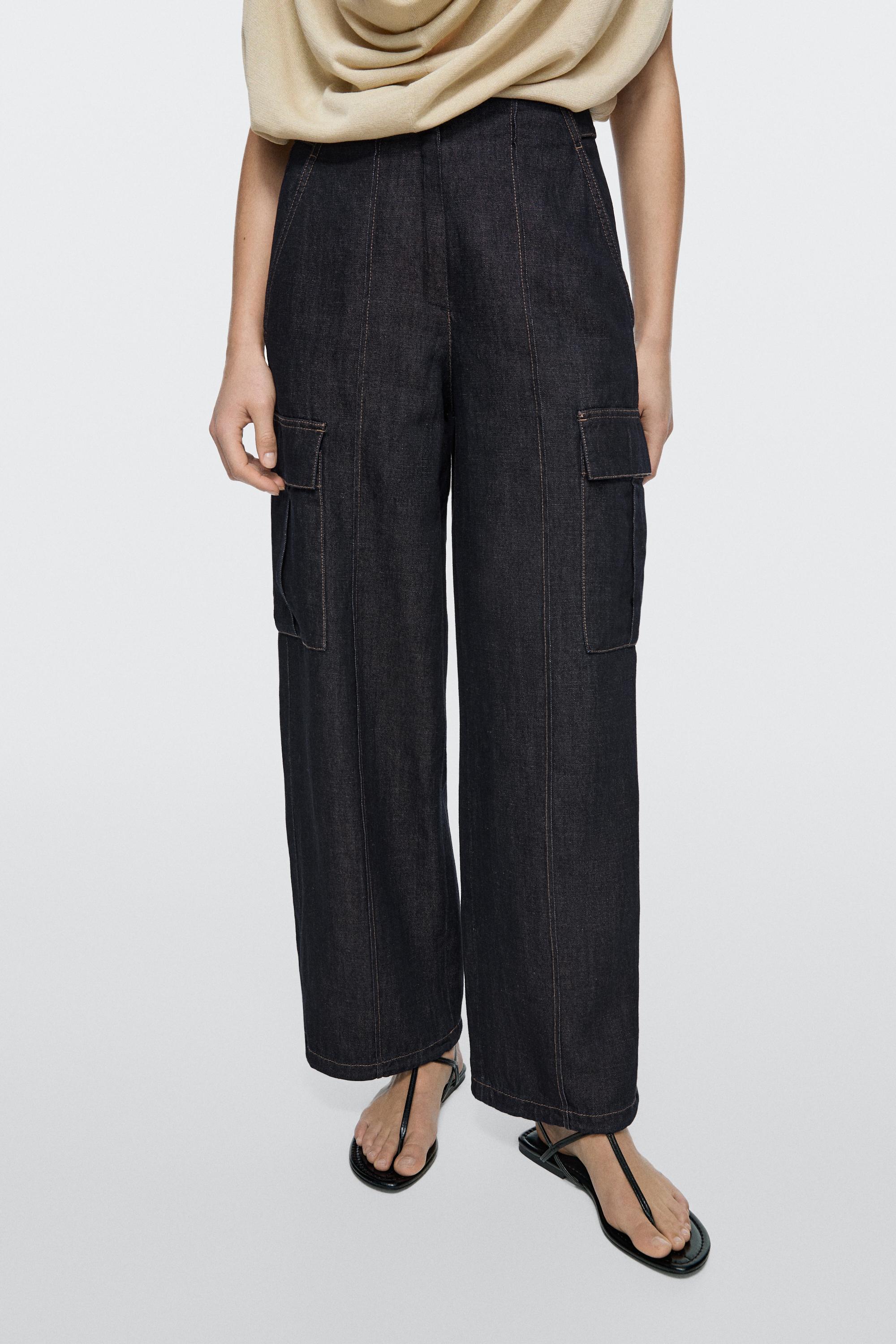 Pantalón denim cargo con lino