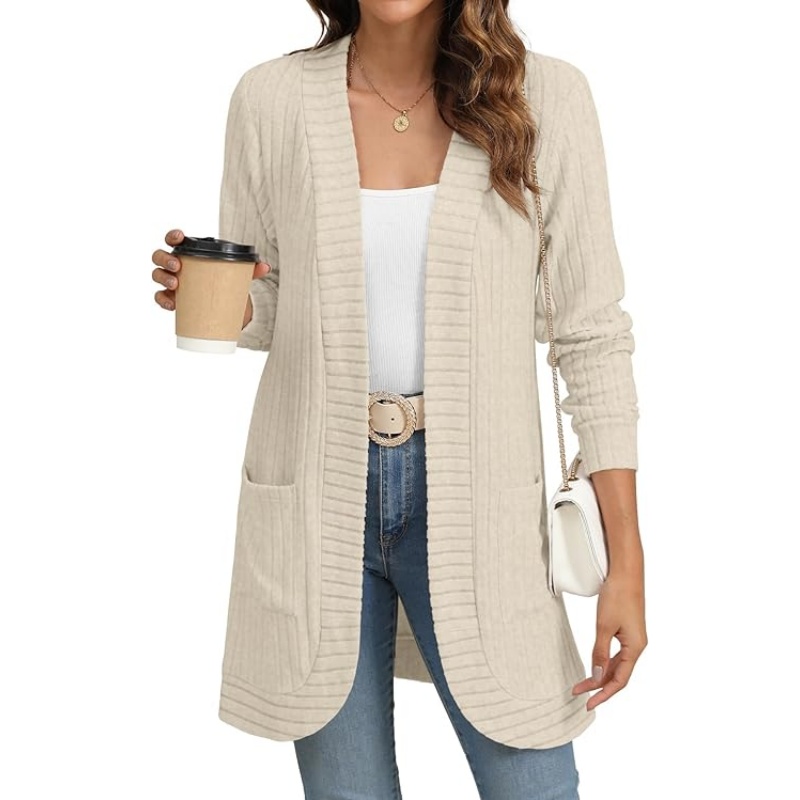 Women Striped Ribbed Knit Cardigan Open Front Long Sleeve Mid‑Length Casual Sweater Cardigan with Side Pockets