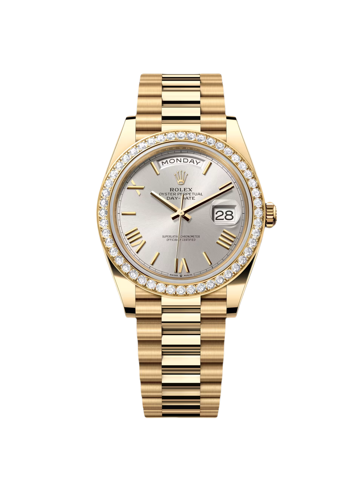 Rolex Day-Date 40mm Silver Roman Dial and Diamond Bezel Yellow Gold President Bracelet 228348RBR-0007