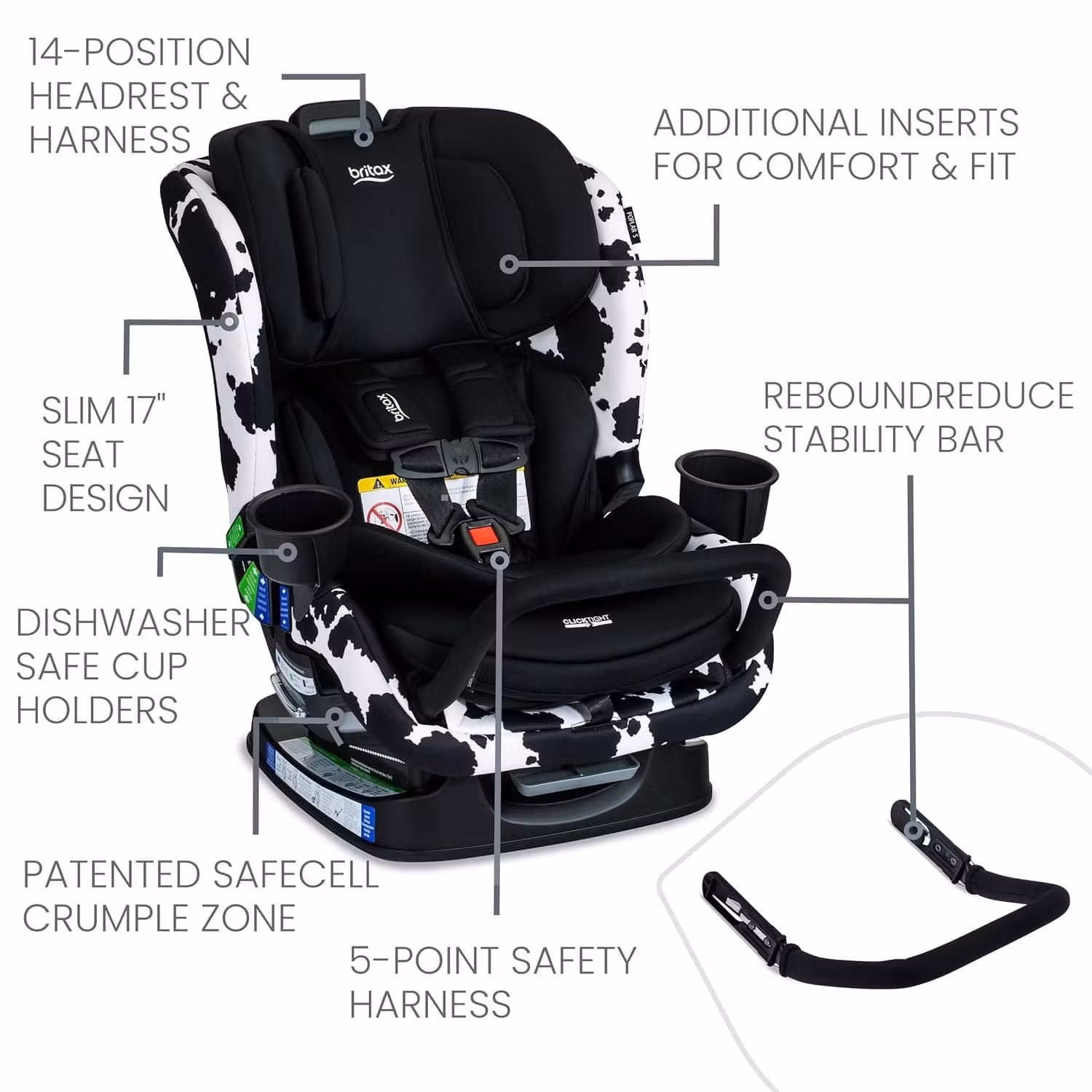 Britax Poplar S ClickTight Convertible Car Seat, Slim 17-Inch Design - Cowmooflage