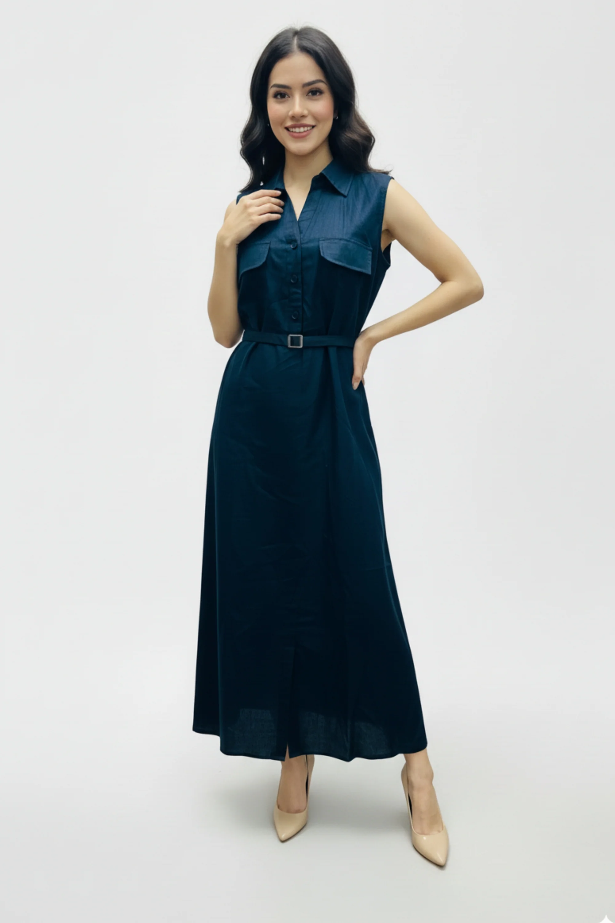 Dark Blue Belted Maxi Dress