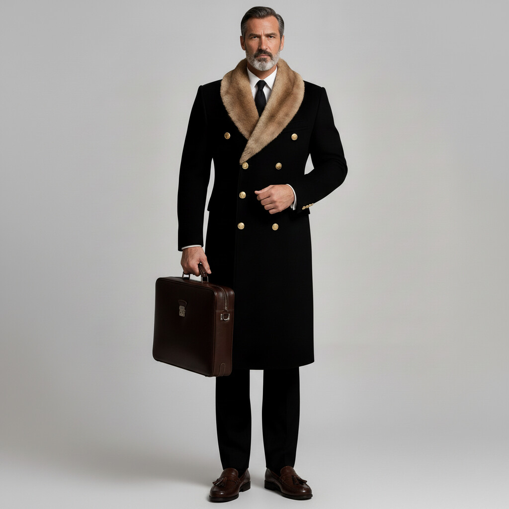 Men's Black Fur Shawl Lapel Double Breasted Long Sleeve Mid-Length Trench Coats