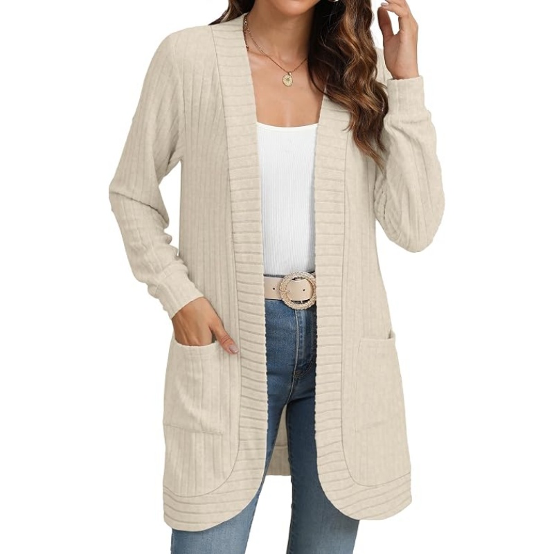 Women Striped Ribbed Knit Cardigan Open Front Long Sleeve Mid‑Length Casual Sweater Cardigan with Side Pockets
