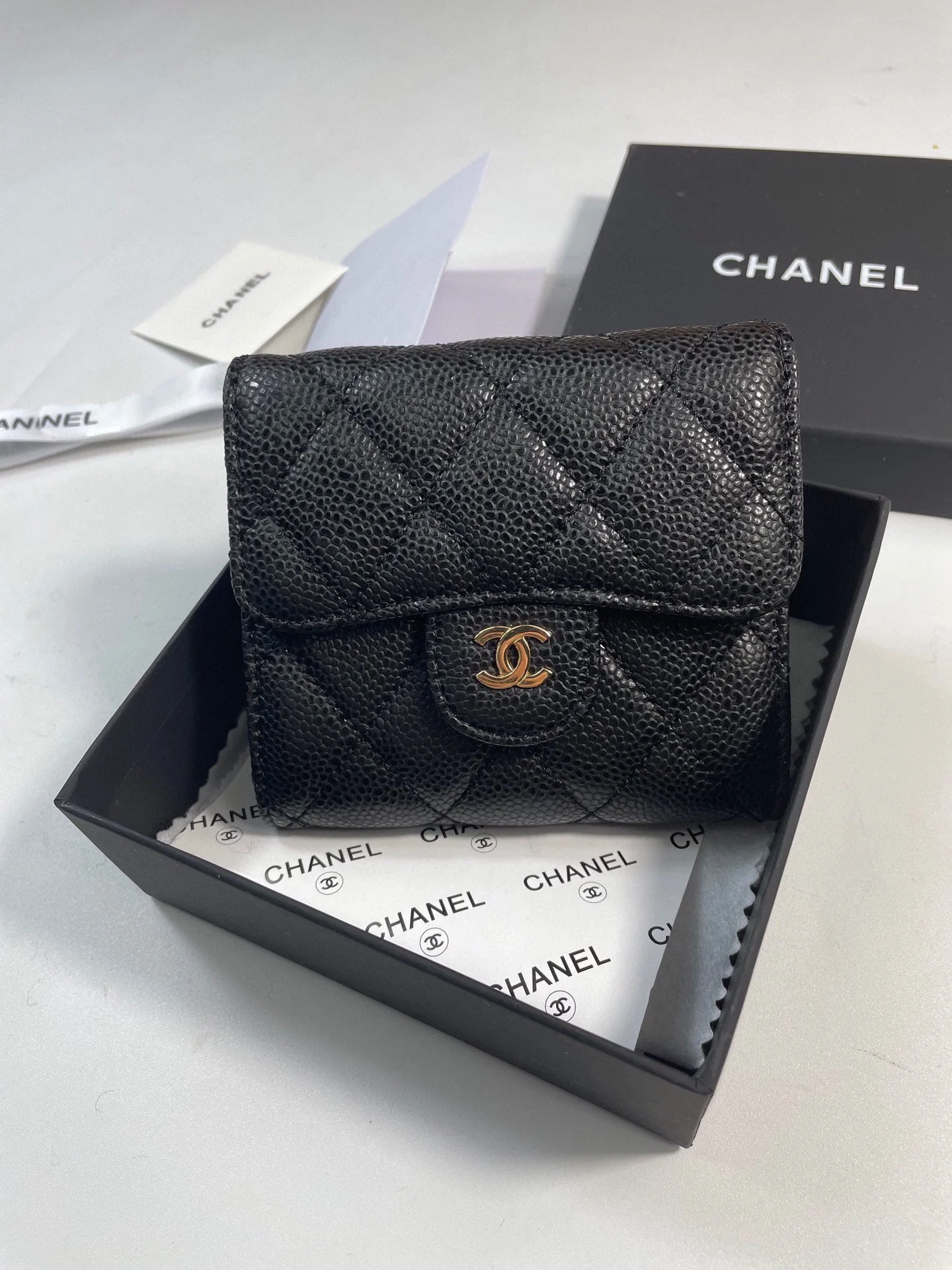 【Chanel】Matelassé Bi-fold Wallet ♪ Mini Wallet * Caviar Skin Black AP0229 AP0231