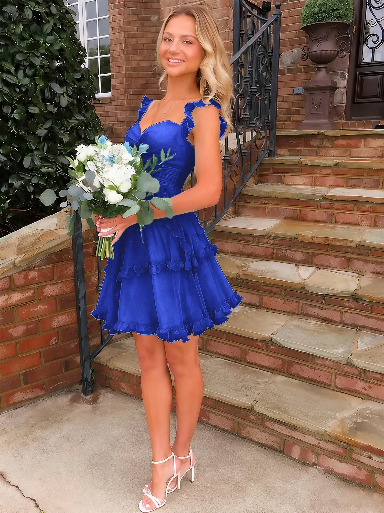 Sweetheart Ruffle Strap Tiered Chiffon Mini Homecoming Dress