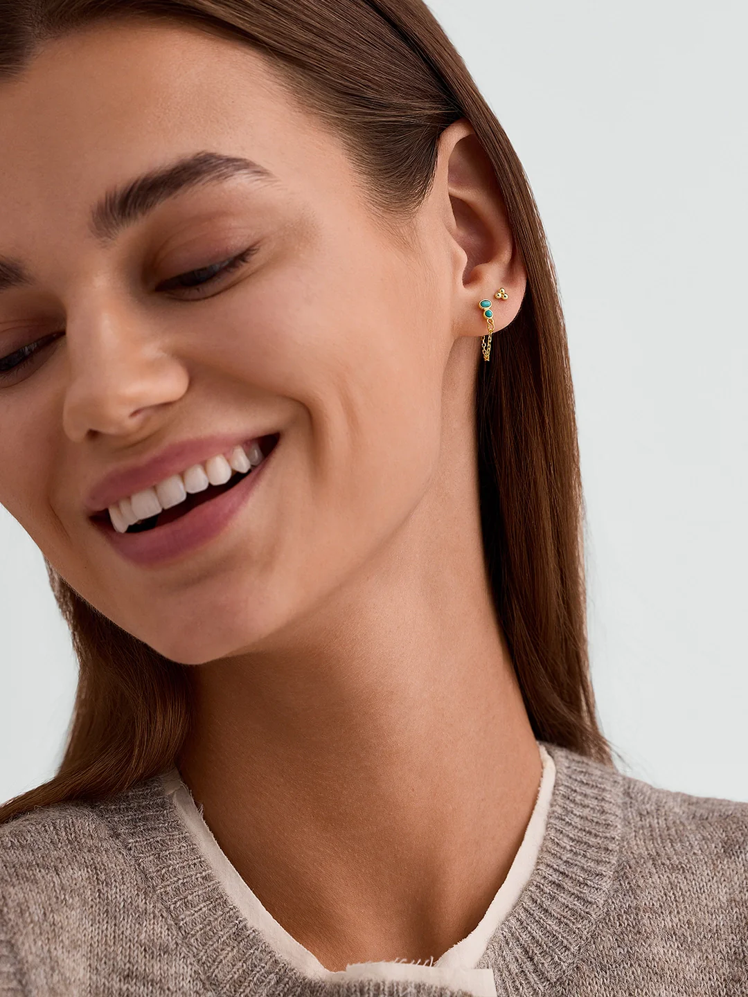 Bezel Turquoise Chain Studs