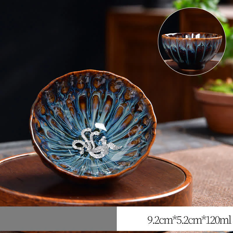 Lotus Peacock Dragon Phoenix Koi Fish Ceramic Teacup Inlaid Tea Cups 120ml
