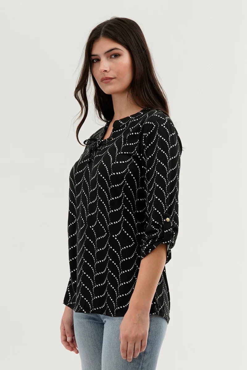 Patterned Lace Up Blouse - Black