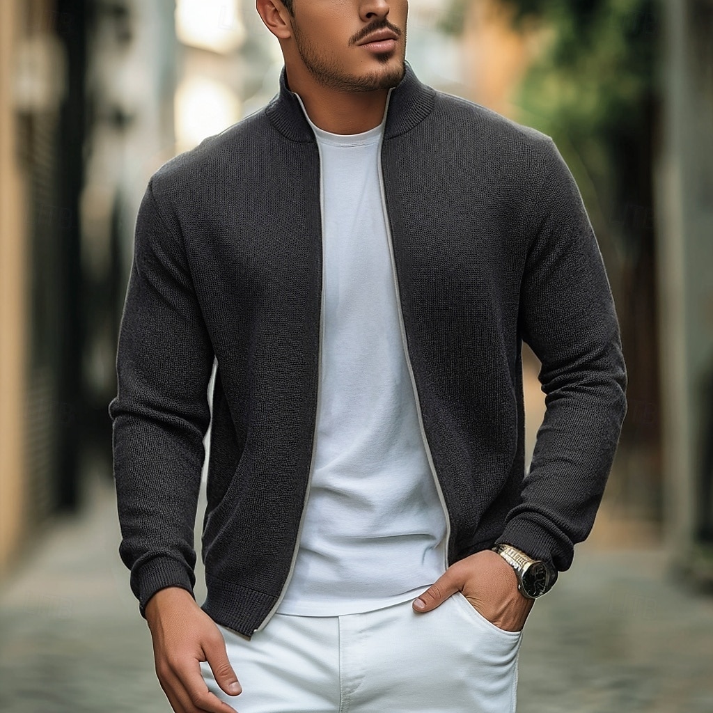 Men's Daily Stand Collar Slant Pocket Rib Knit Zipper Sweater Jacket