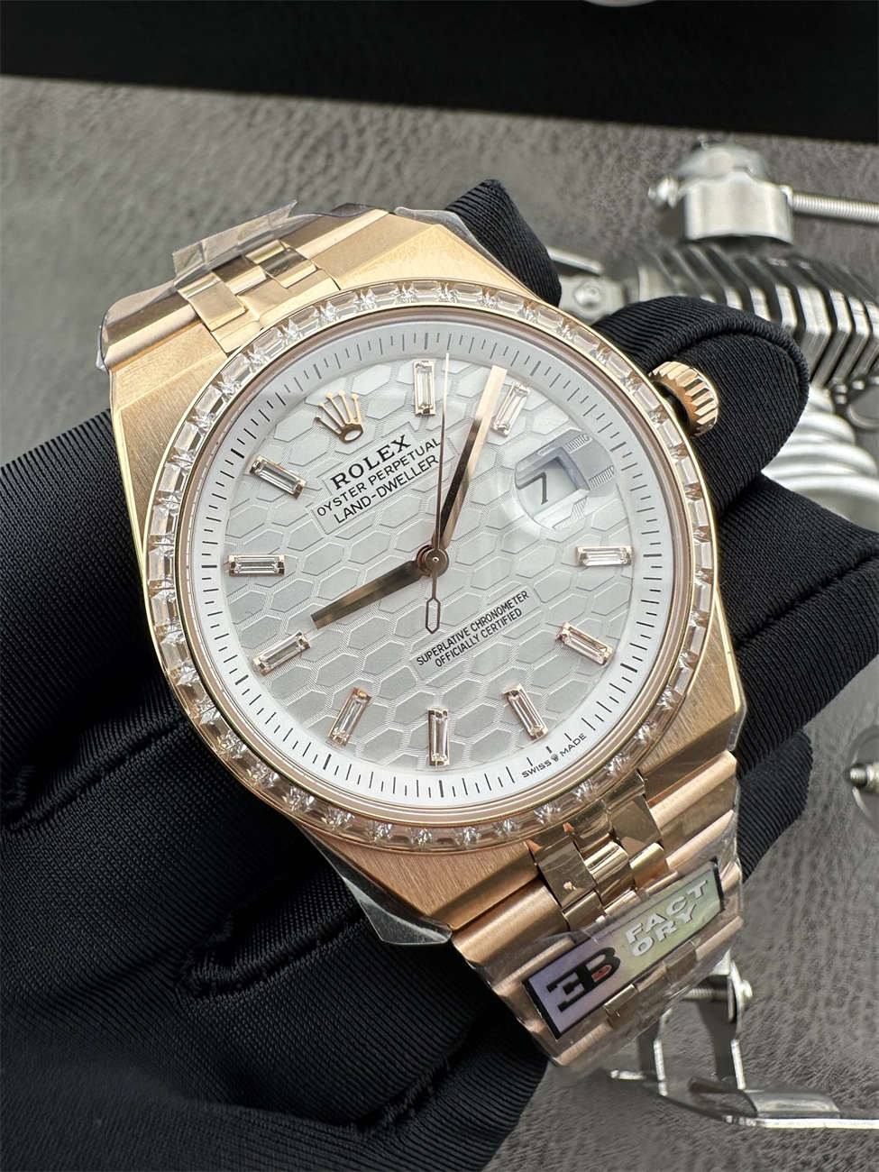 3B Factory Rolex 127385TBR 0003 Replica – Rose Gold Diamond Bezel Honeycomb Dial