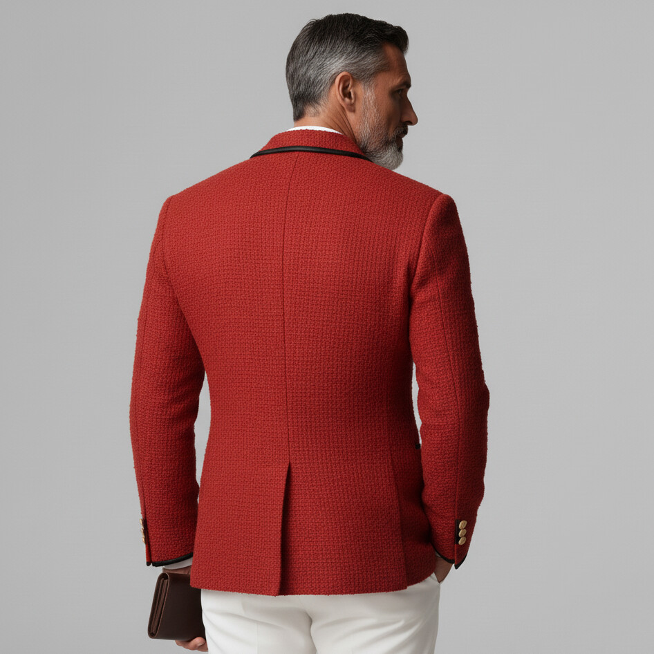 Men's Business Red Textured Peak Lapel Double Breasted Long Sleeve Contrast Binding Blazer