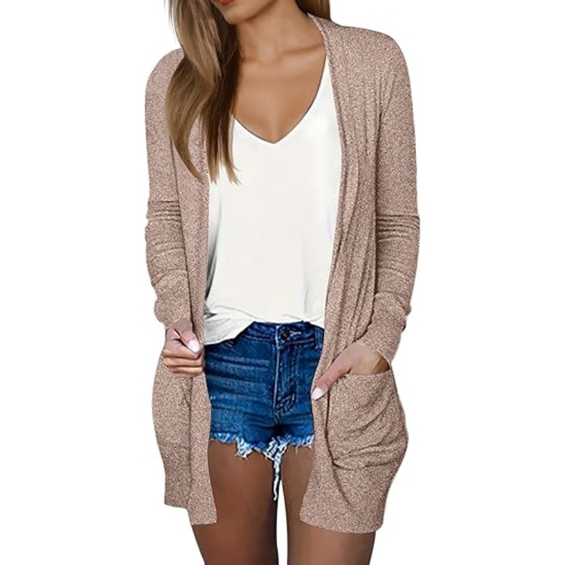 Women Lightweight Open Front Cardigan Long Sleeve Mid‑Length Casual Knit Sweater Cardigan with Side Pockets
