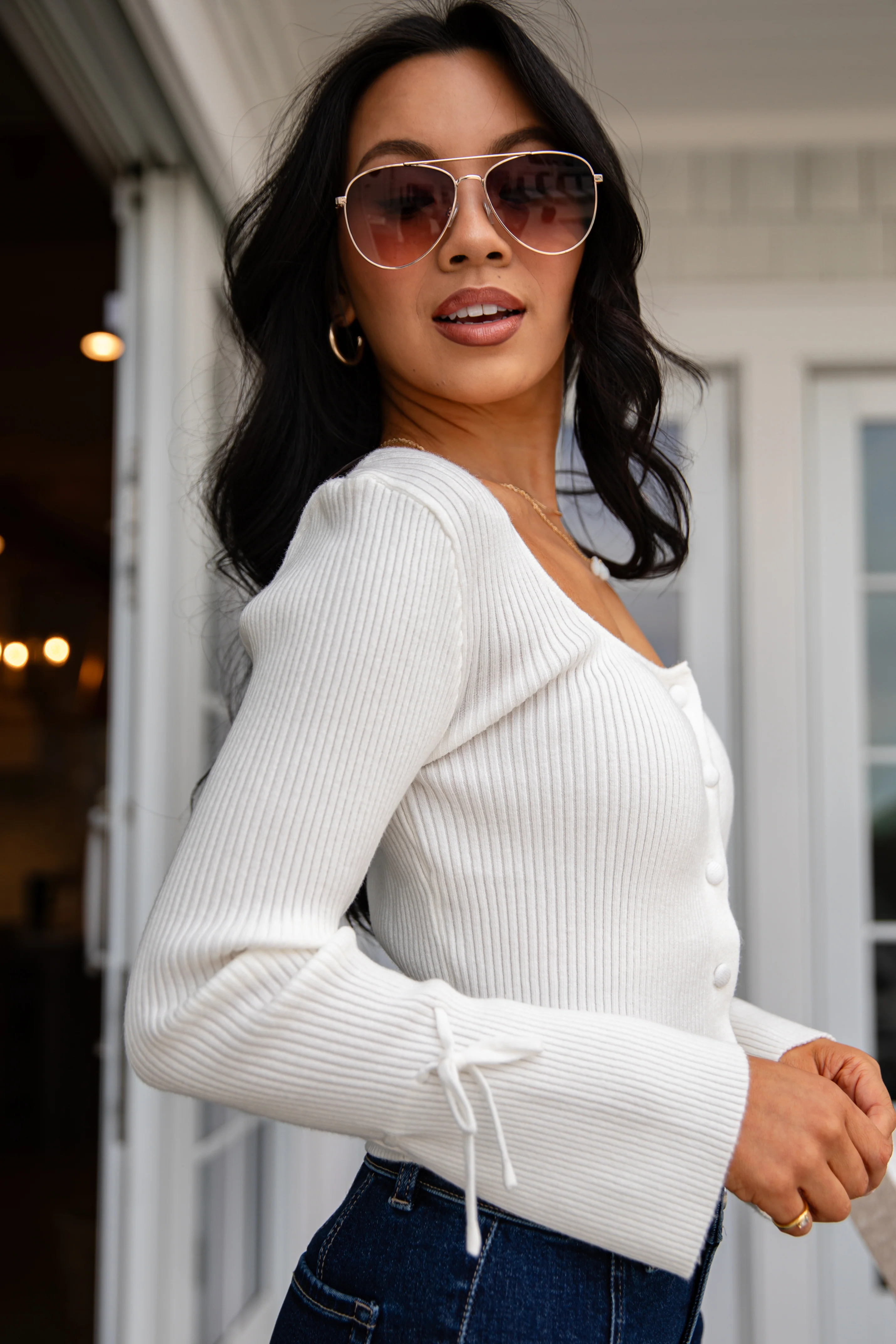 Written in Love Tie-Sleeve Ivory Ribbed Knit Top