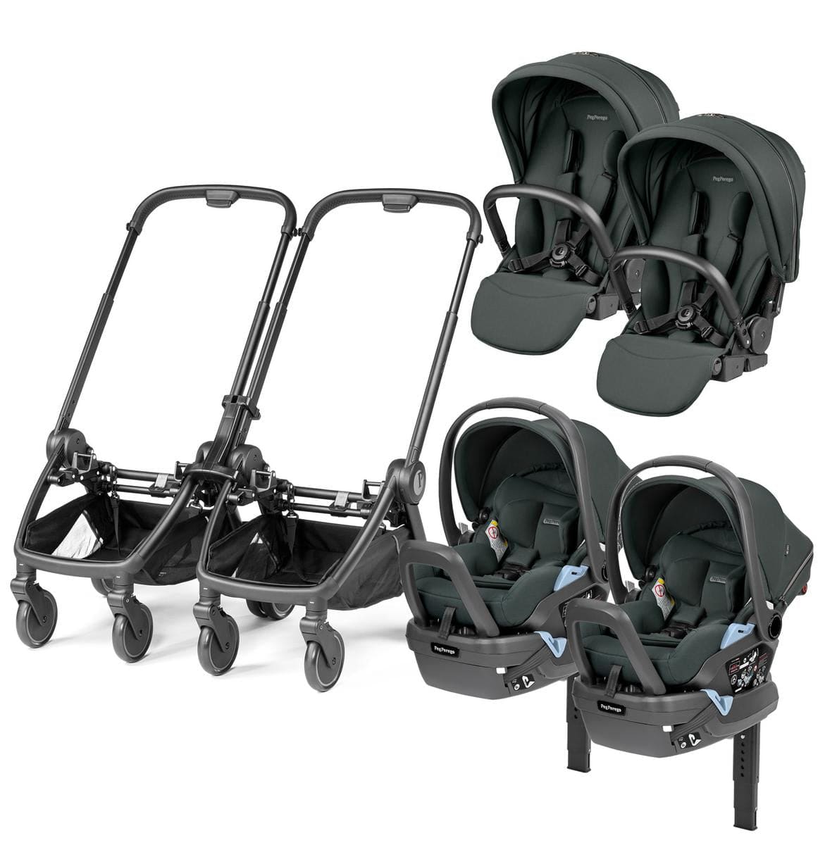PEG City Loop Twin Stroller + Primo Viaggio Lounge Travel System Bundle - Black / Metal / Metal